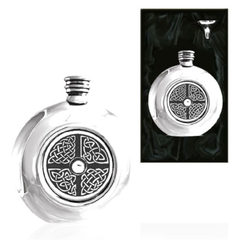 6oz Celtic Round Piper Pewter Hip Flask