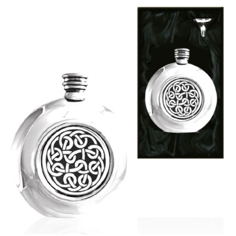 6oz Celtic Round Piper Pewter Hip Flask