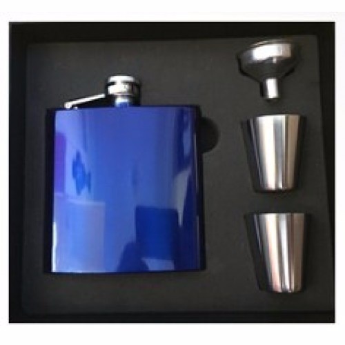 Engraved Hip Flask Drinking Set 6oz Blue stainless steel