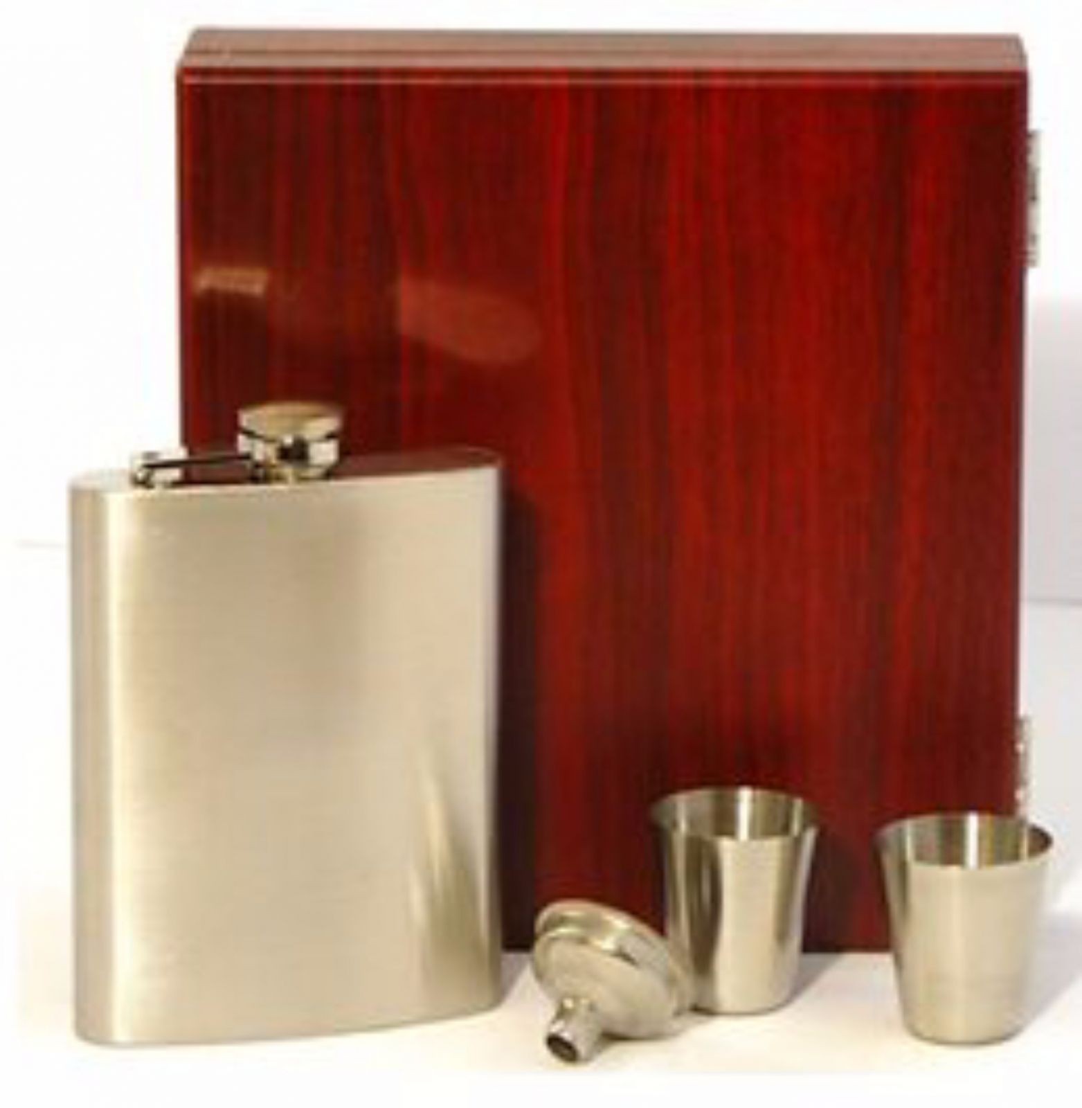 Engraved Stainless Steel Hip Flask Captive Lid 8oz Wooden Gift Box & Cups High Finish