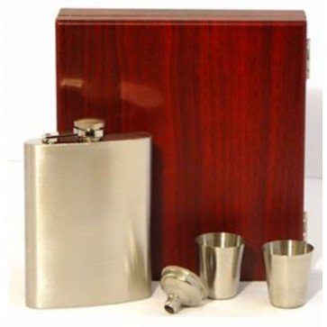 Engraved Stainless Steel Hip Flask Captive Lid 8oz Wooden Gift Box & Cups High Finish Perfume Sample