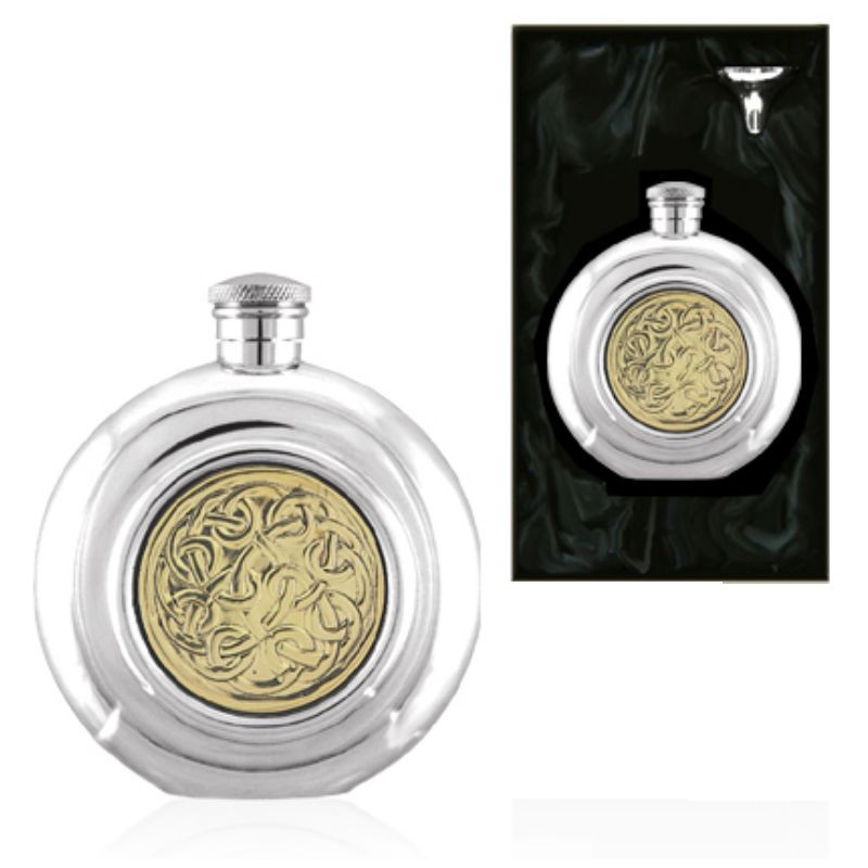 Golden Kells Round Piper Pewter Hip Flask