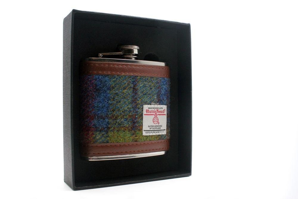 Harris Tweed Stainless Steel Hipflask  green/blue6oz -