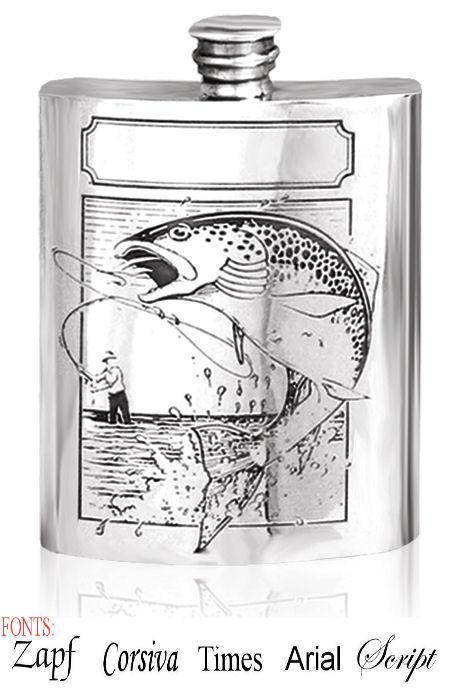 Personalised 6oz English Pewter Course Fishing Scene Hip Flask