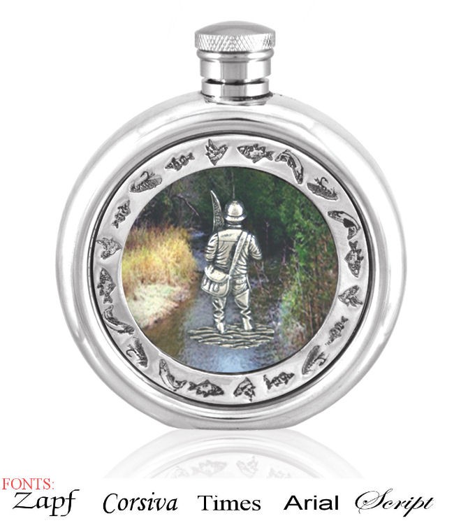 Personalised 6oz English Pewter Fly Fisherman Picture Hip Flask