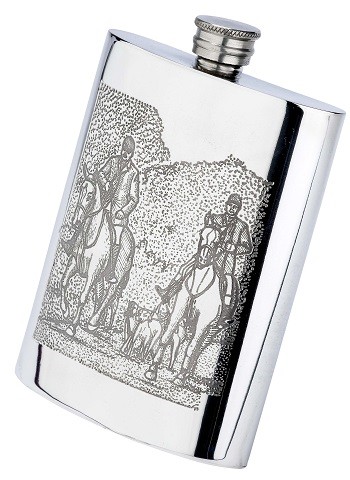 Personalised 6oz English Pewter Horse & Hounds Scene Hip Flask