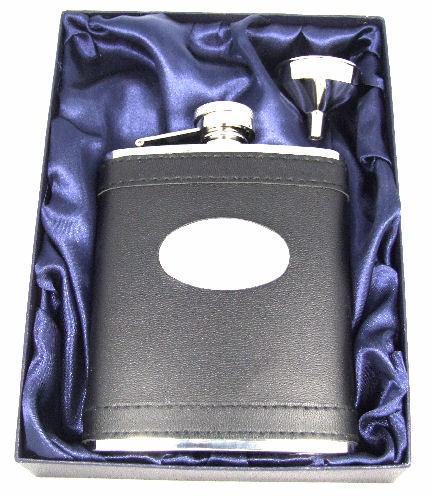 Personalised 6oz Stainless Steel Black Leather Hip Flask Gift Boxed