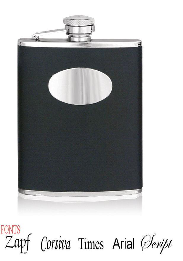 Personalised 6oz Stainless Steel Black Leather Hip Flask