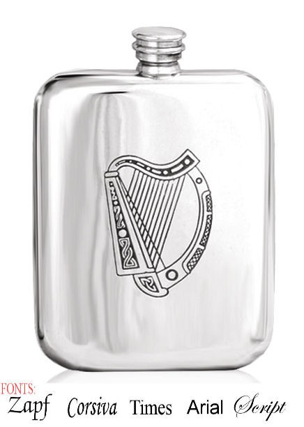 Personalised Irish Harp Design 6oz English Pewter Hip Flask