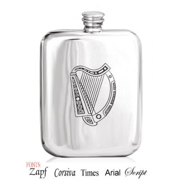 Personalised Irish Harp Design 6oz English Pewter Hip Flask Perfume Sample