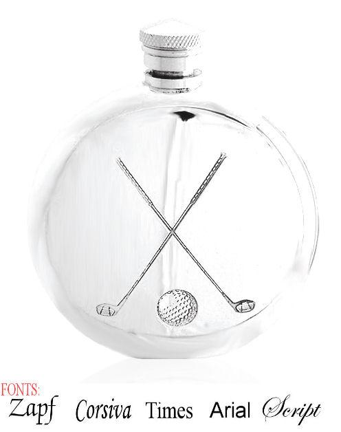 Personalised Round Crossed Golf Clubs 6oz English Pewter Hip Flask