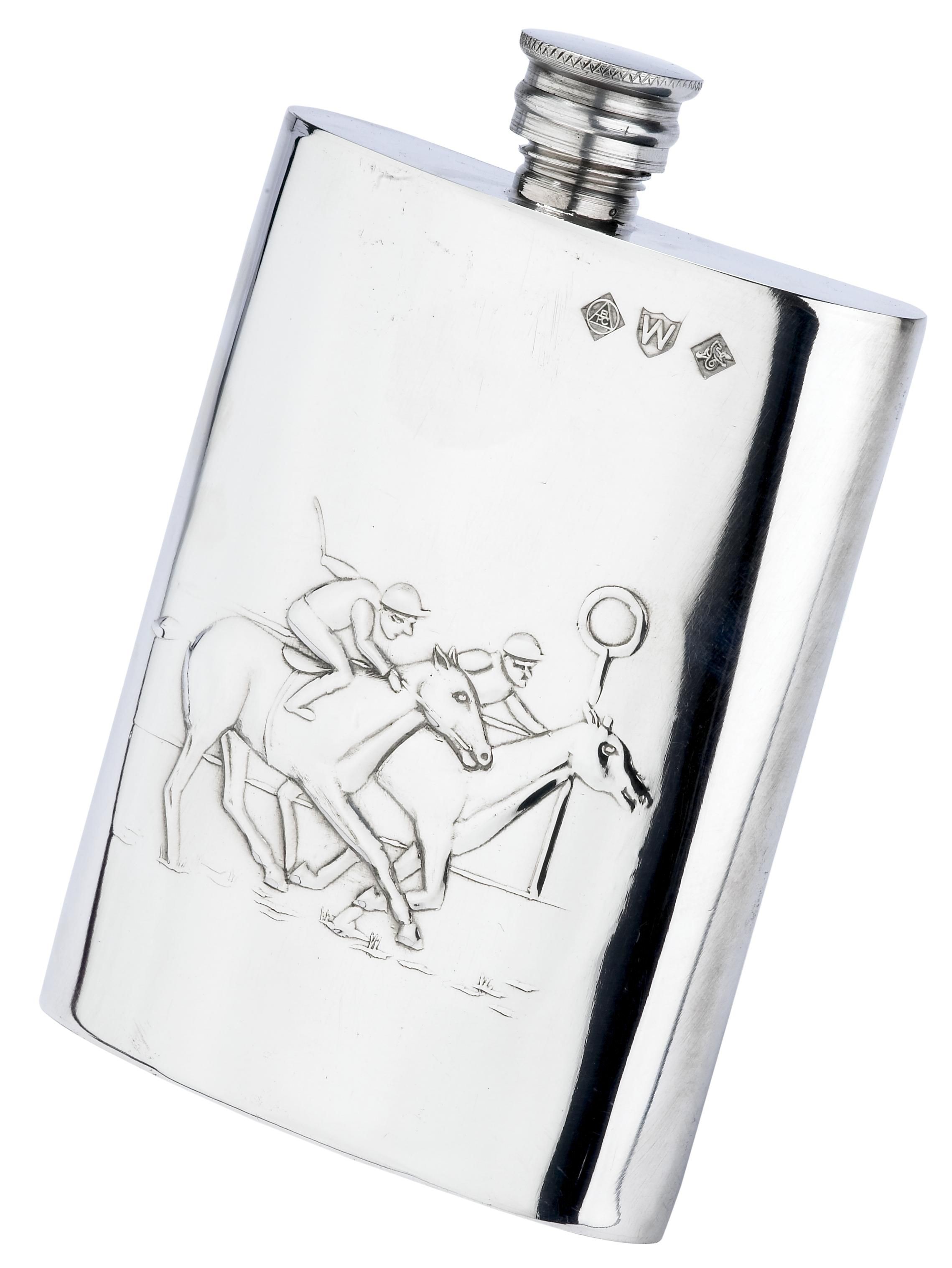 Pewter Horse Racing Scene Hip Flask